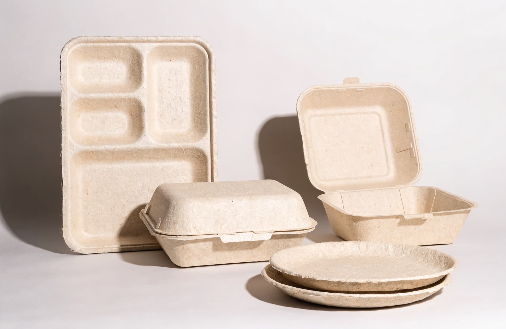 Sugarcane bagasse compartment trays, clamshell boxes, and round plates