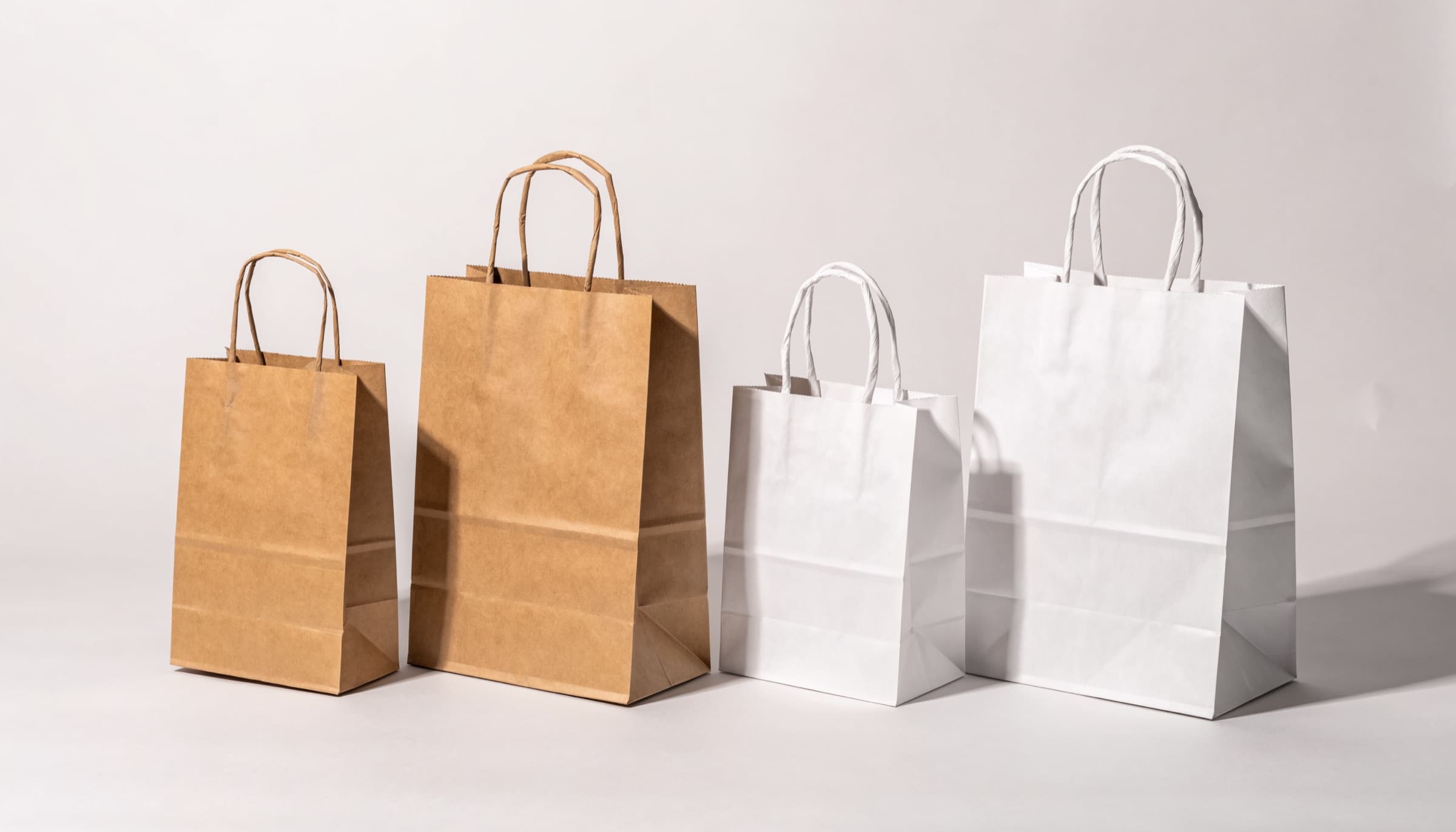 Kraft and white paper carry bags with twisted paper handles, two sizes each