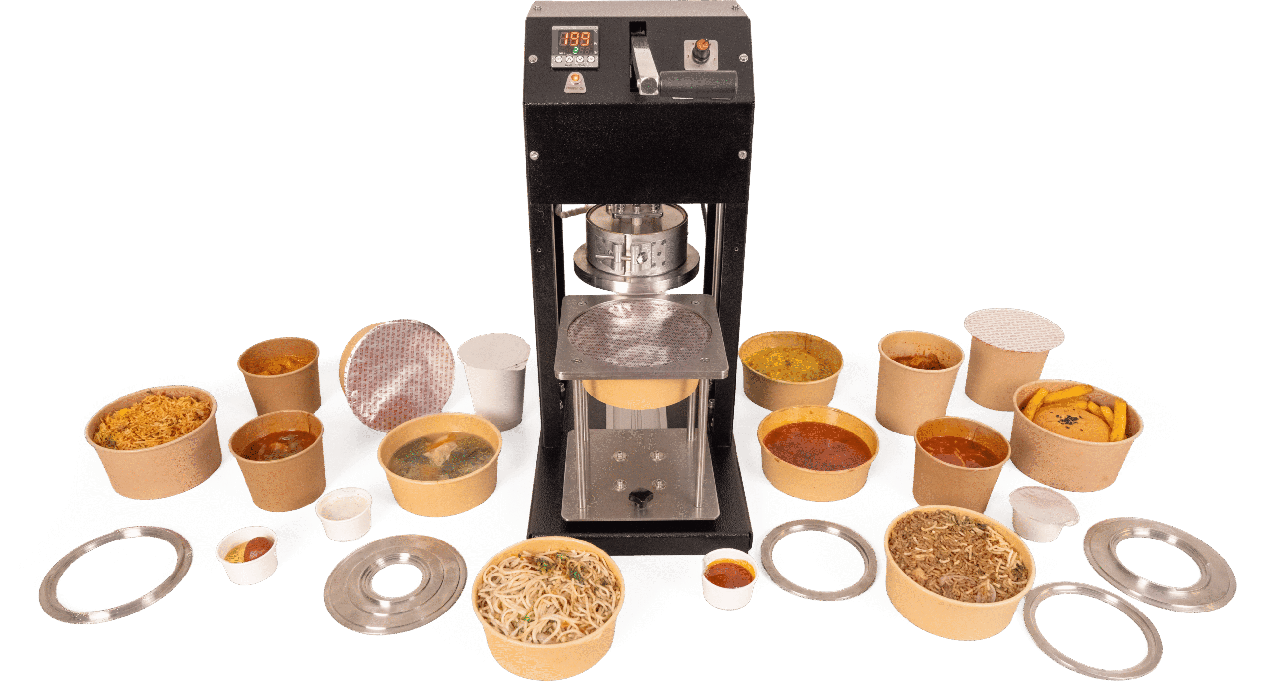 AeroSeal V5 sealing the full portfolio — soups, ramen, rice, biryani, gravy, and sauce containers